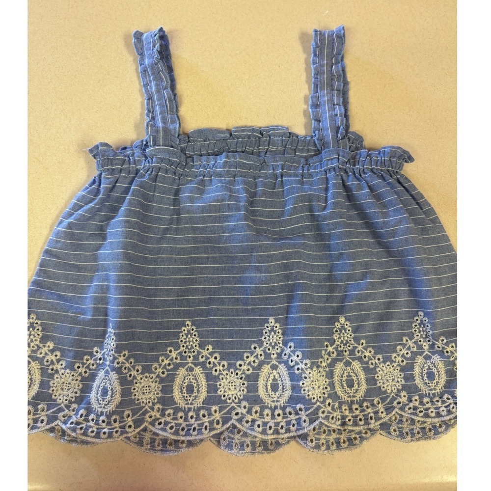 Papaya Blue White Striped Eyelet Scallop Hem Ruffle Strap Camisole Top Large
